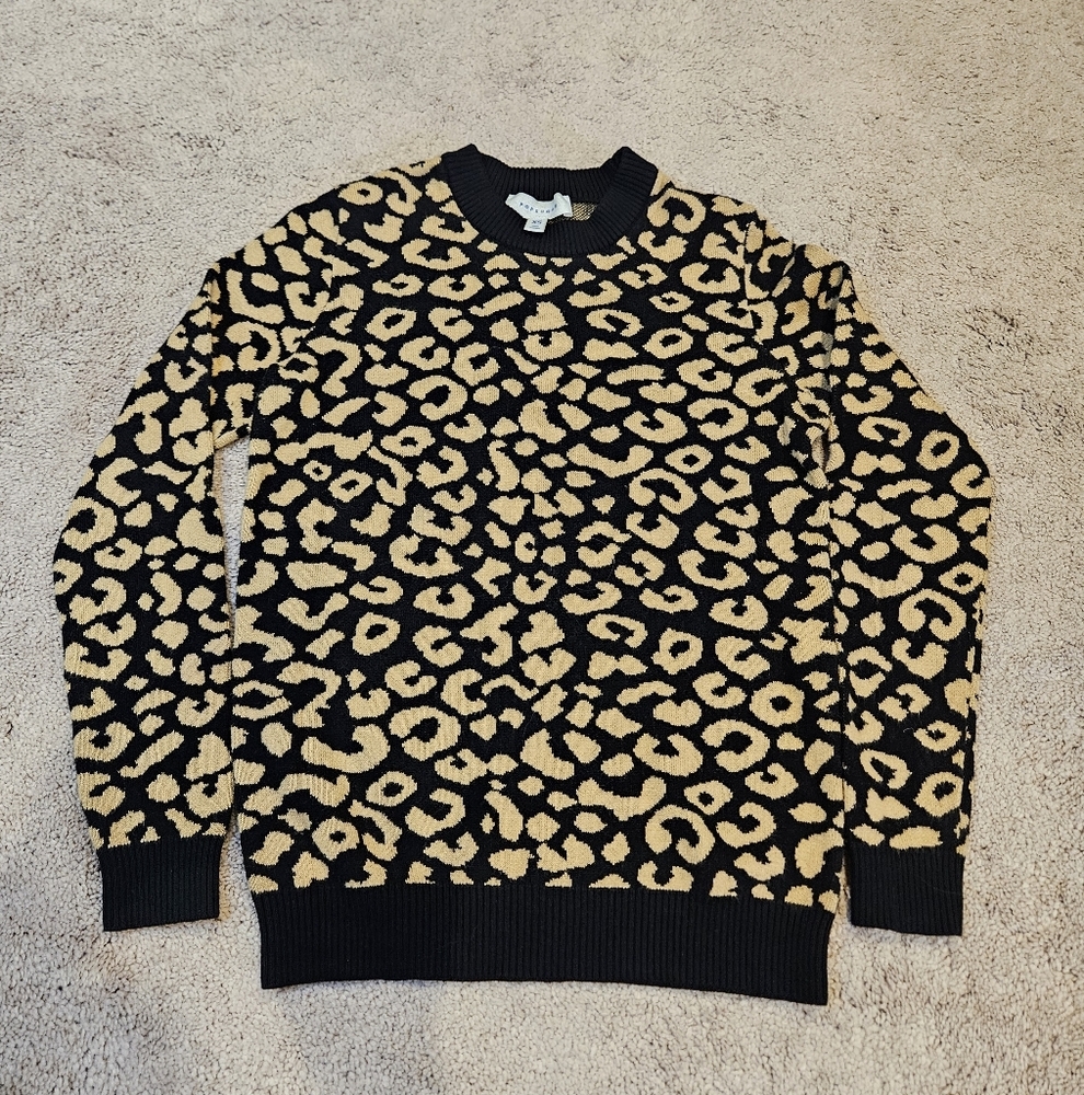 Popsugar Womens Black Leopard Animal Print Crewneck Long Sleeve Sweater Size XS